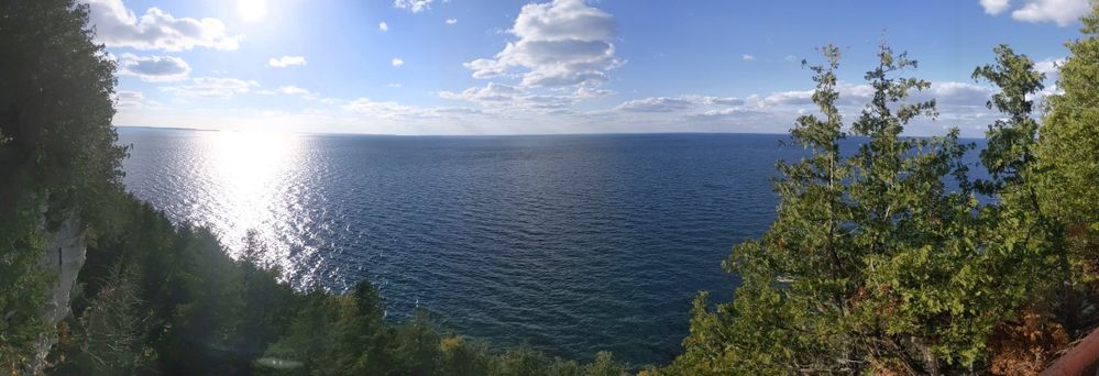 Panoramic shot of Green Bay from the overlook in Ellison Bay