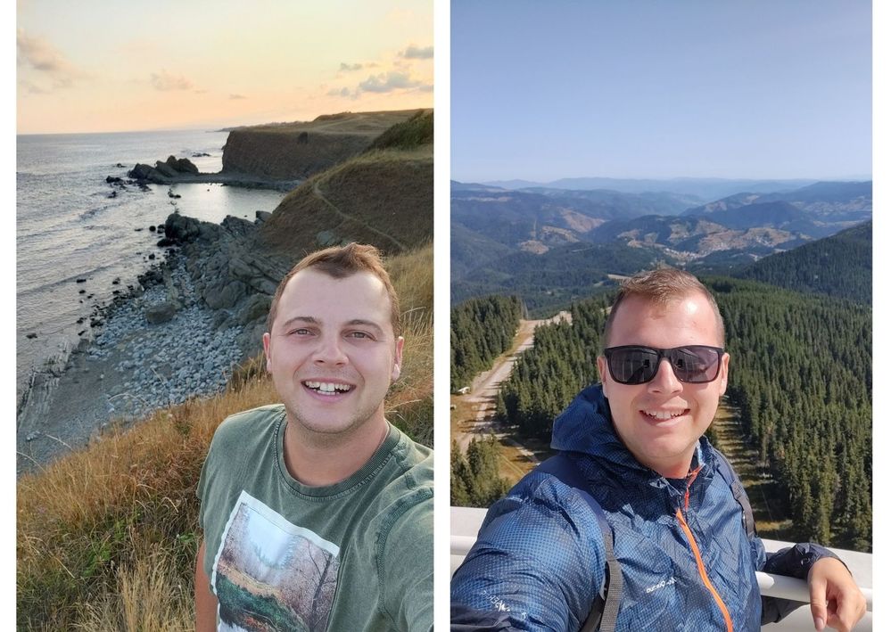 Caption: A collage of two photos of me taking a selfie by the sea (left) and in the mountains (right). (Local Guide @TsekoV)
