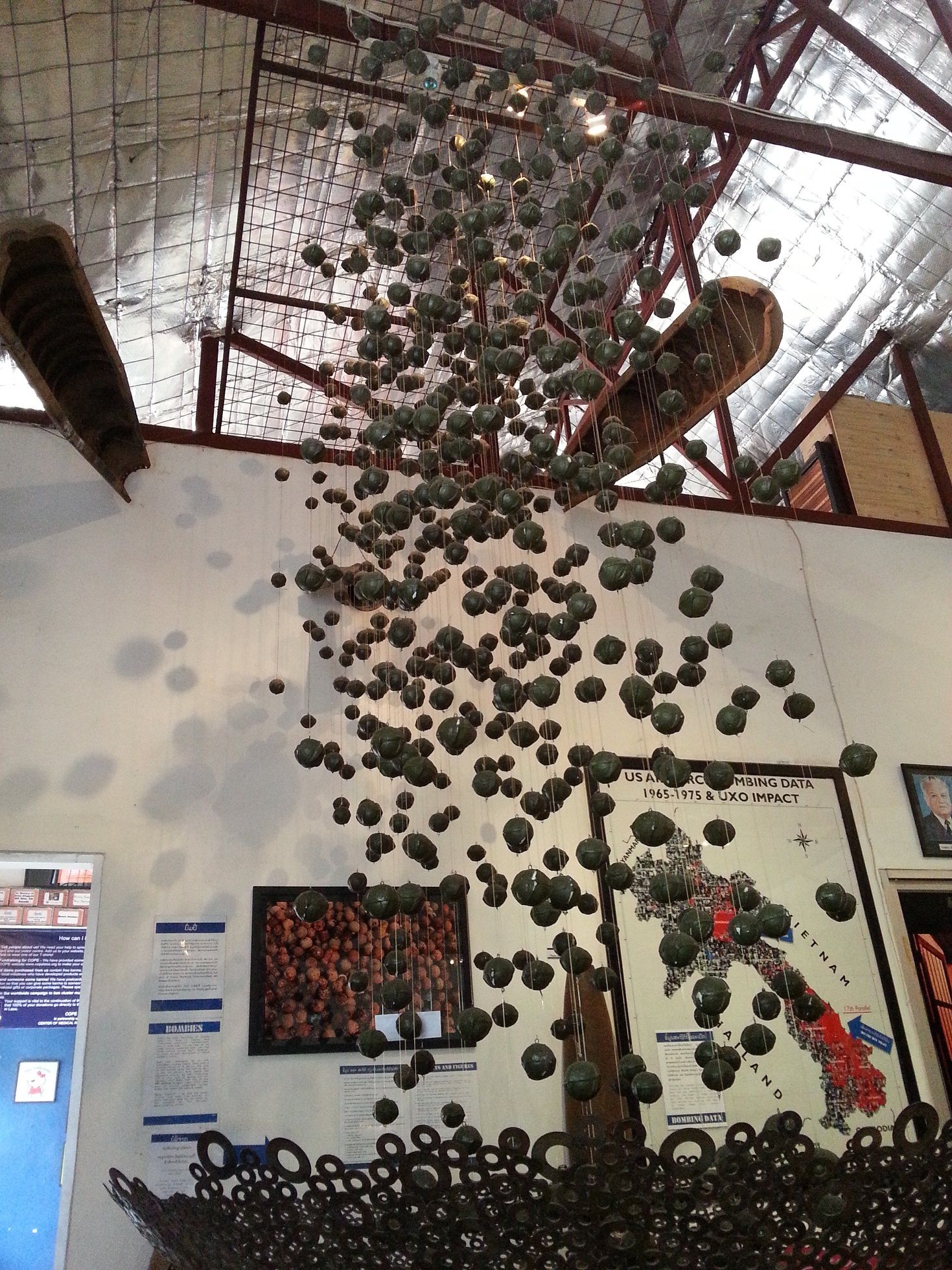 An exhibition of cluster munitions showing after it dropping from airopant to the ground