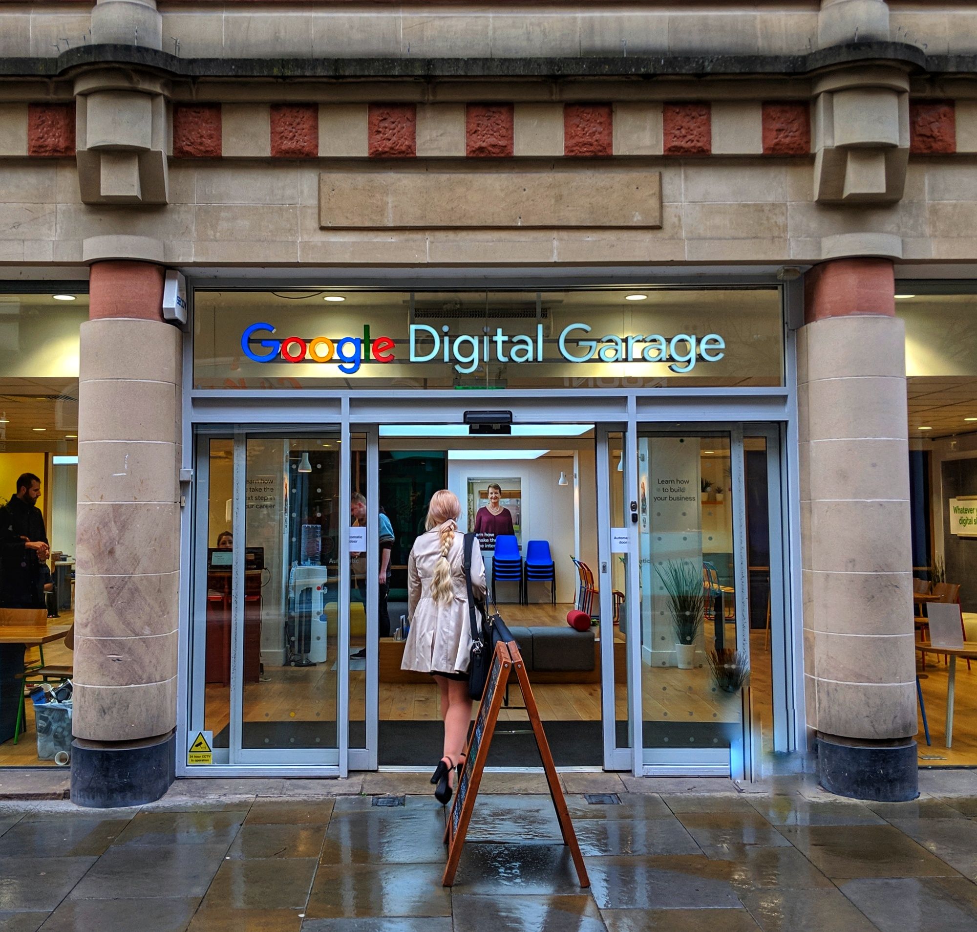 Google Garage Manchester UK. You see the person, then the shop then the building