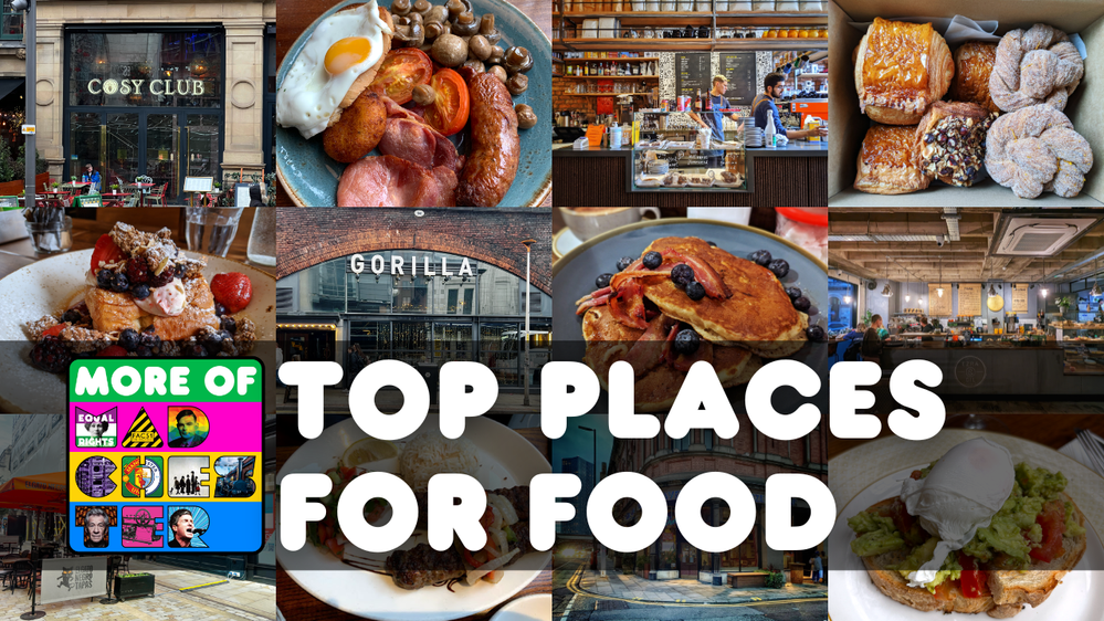 Caption: The words More of Madchester: Top Places for Food, superimposed on a selection of photos representing the post.
