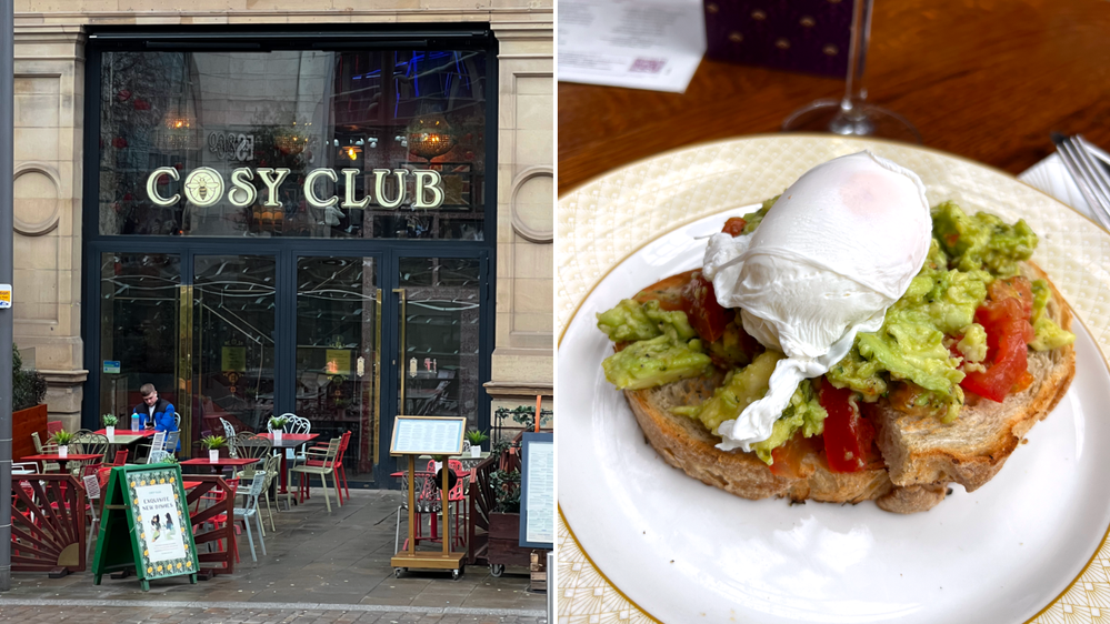 Caption: An image consisting of an exterior photo of Cosy Club and a photo of a smashed avocado on toast dish.
