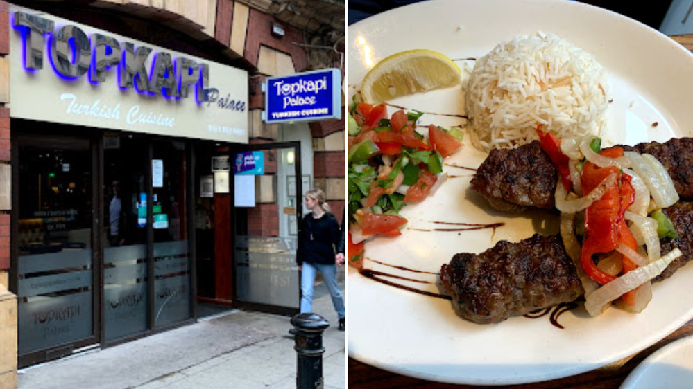 Caption: An image consisting of an exterior photo of Topkapi Palace and a lamb sizzlers dish.