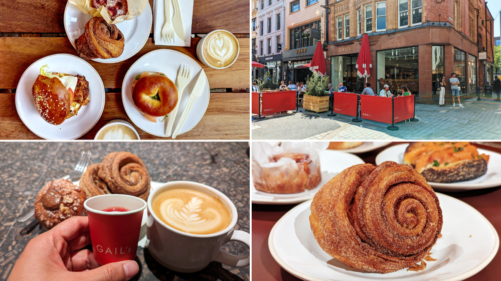 Caption: An image consisting of four photos; clockwise from top left - a variety of dishes from GAIL's, an exterior shot, a cinnamon bun (my favourite!!), and a coffee latte pairing