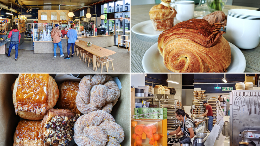 Caption: An image consisting of four photos; clockwise from top left - an interior shot of the order counter and seating areas, a lovely pain au chocolate, bakers preparing for the next day's batch of goodies, and a box containing a selection of lovely pastries.