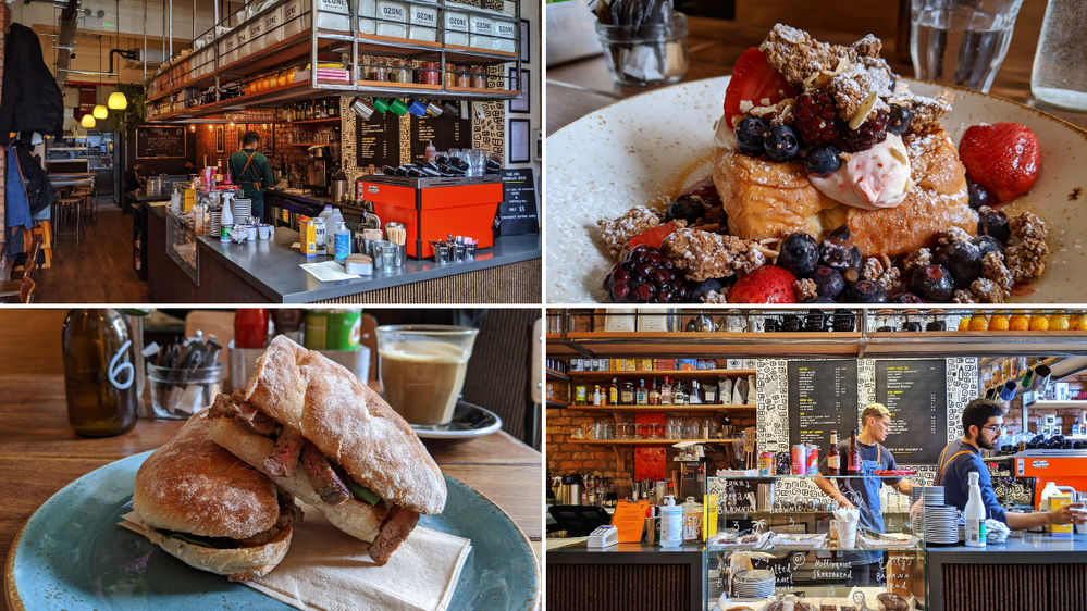 Caption: An image consisting of four photos; clockwise from top left - an interior shot of the order counter, a French toast brioche served with lots of berries, another shot of the order counter, and a toasted ciabatta sandwich.