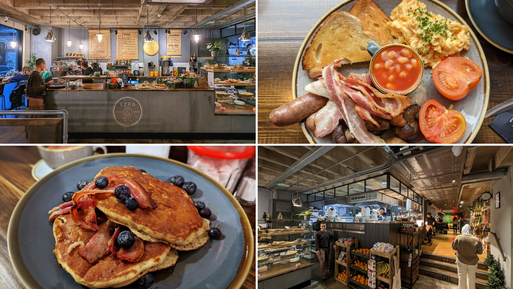 Caption: An image consisting of four photos; clockwise from top left - an interior shot of the order counter, a full English breakfast, a view of the open kitchen, an American style pancake with bacon and blueberries.