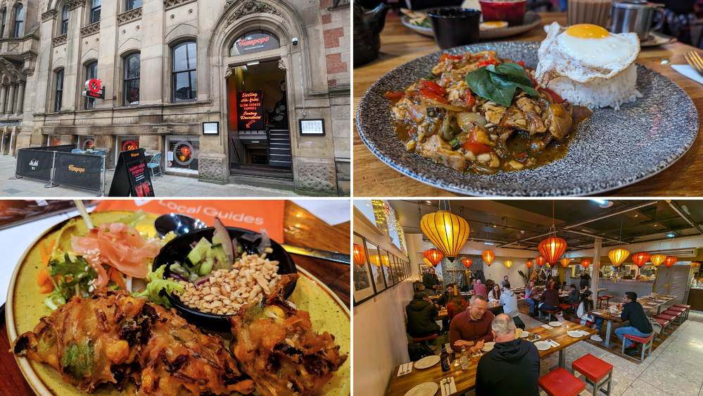 Caption: An image consisting of four photos; clockwise from top left - an exterior shot of the restaurant, a classic Thai dish of chicken pad krapow, a view of the interior dining area, a corn fritter starter with a peanut dip