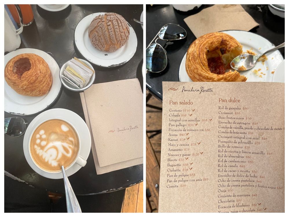 El delicios guava roll y una concha junto a un café latte en Panadería Rosetta en Ciudad de México