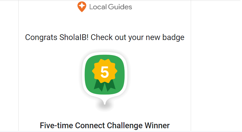 Caption: A screenshot of my 5 times challenge badge from my Email. SholaIB