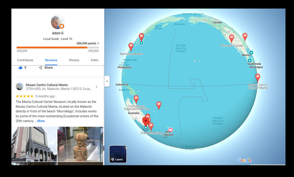 Caption: Screenshot of Maps showing part of a review and a couple of photos added to Museo Centro Cultural, Manta "5 months ago" together with a globe with pins of places reviewed by @AdamGT
