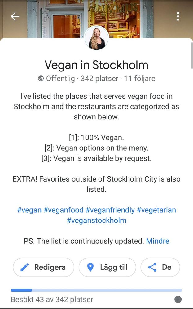 Caption: A screenshot of the description of my list "Vegan in Stockholm".