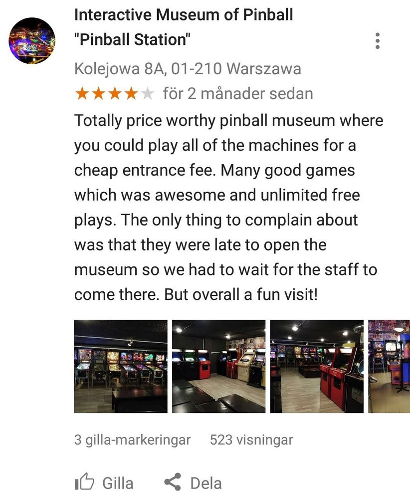 Caption: A screenshot of my review for the Pinball museum in Warsaw.