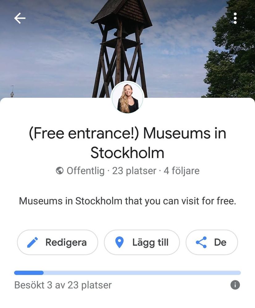 Caption:  A screenshot of the description of my list "(Free entrance!) Museums in Stockholm".