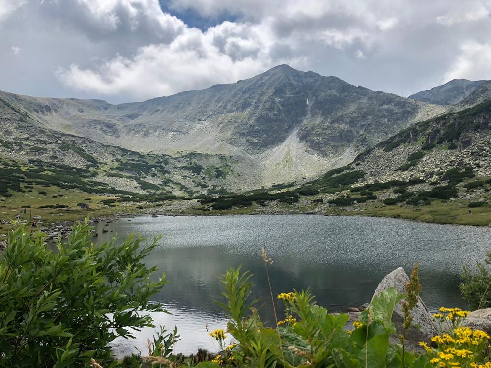 Caption: A photo of a lake in Rila National Park surrounded by yellow mountain flowers, green meadows, and mountain slopes, with Musala Peak in the distance. (Local Guide @FelipePk)