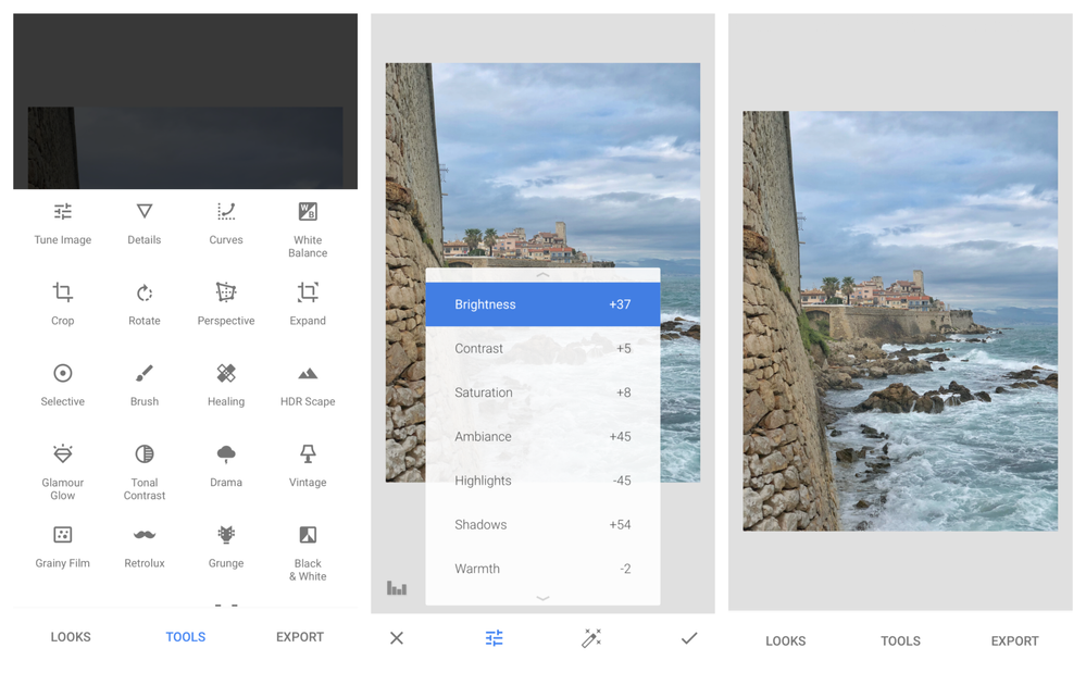 Caption: A set of three mobile phone screenshots showing the Tools menu in Snapseed (left), a list of what you can adjust with the Tune image tool (middle), and a retouched photo of waves crashing against a high stone wall (right).