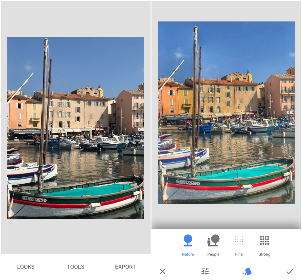 Caption: A set of two mobile phone screenshots showing the “before” photo of boats moored in front of low ochre buildings (left) and the enhanced “after” photo when selecting the option Nature in the HDR-scape tool in Snapseed (right).
