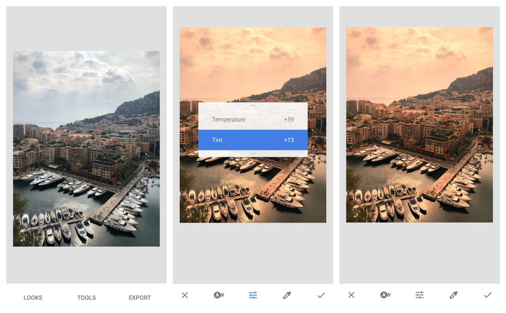 Caption: A set of three mobile phone screenshots showing the original photo of a yacht harbor and a city from above (left), the Temperature and Tint options menu of the White balance tool with selected values (middle), and the enhanced photo with pinkish hue (right).