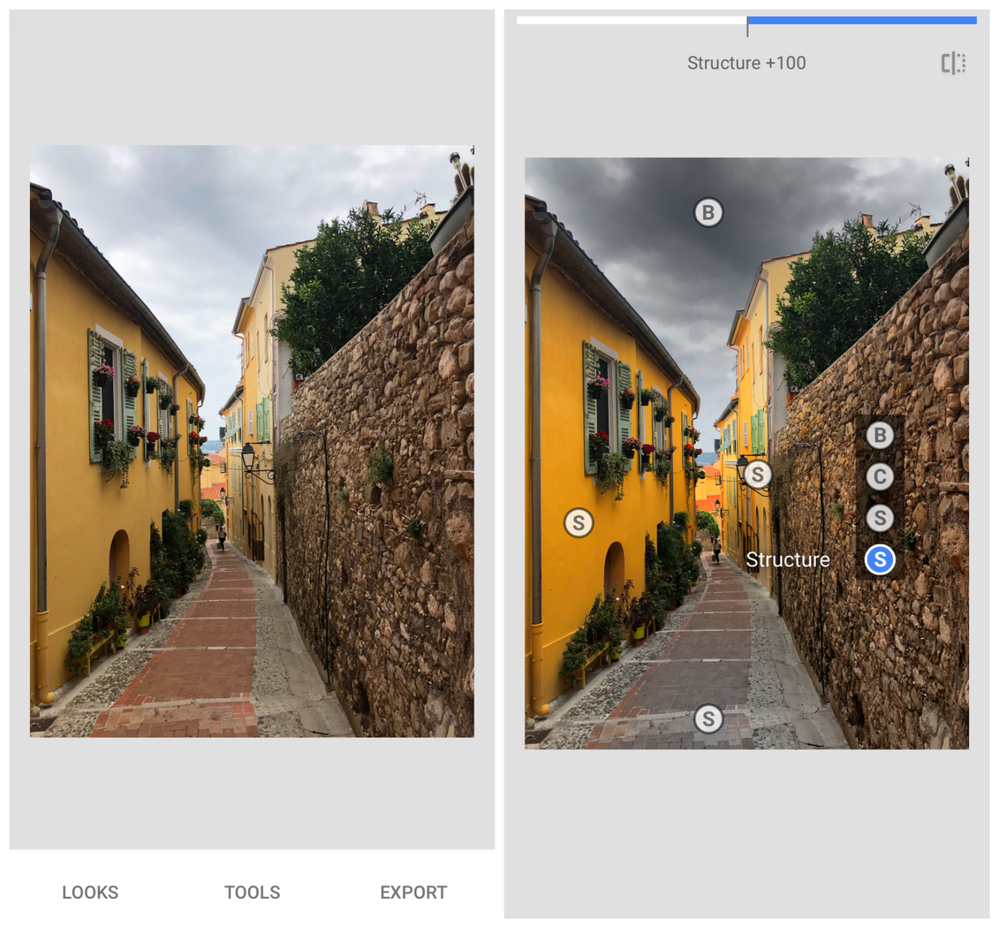 Caption: A set of two mobile phone screenshots showing the original photo of a narrow street lined with yellow buildings and a wall (left) and the enhanced photo with the Structure setting of the Selective tool set to 100% and different letters over the different color areas (right).